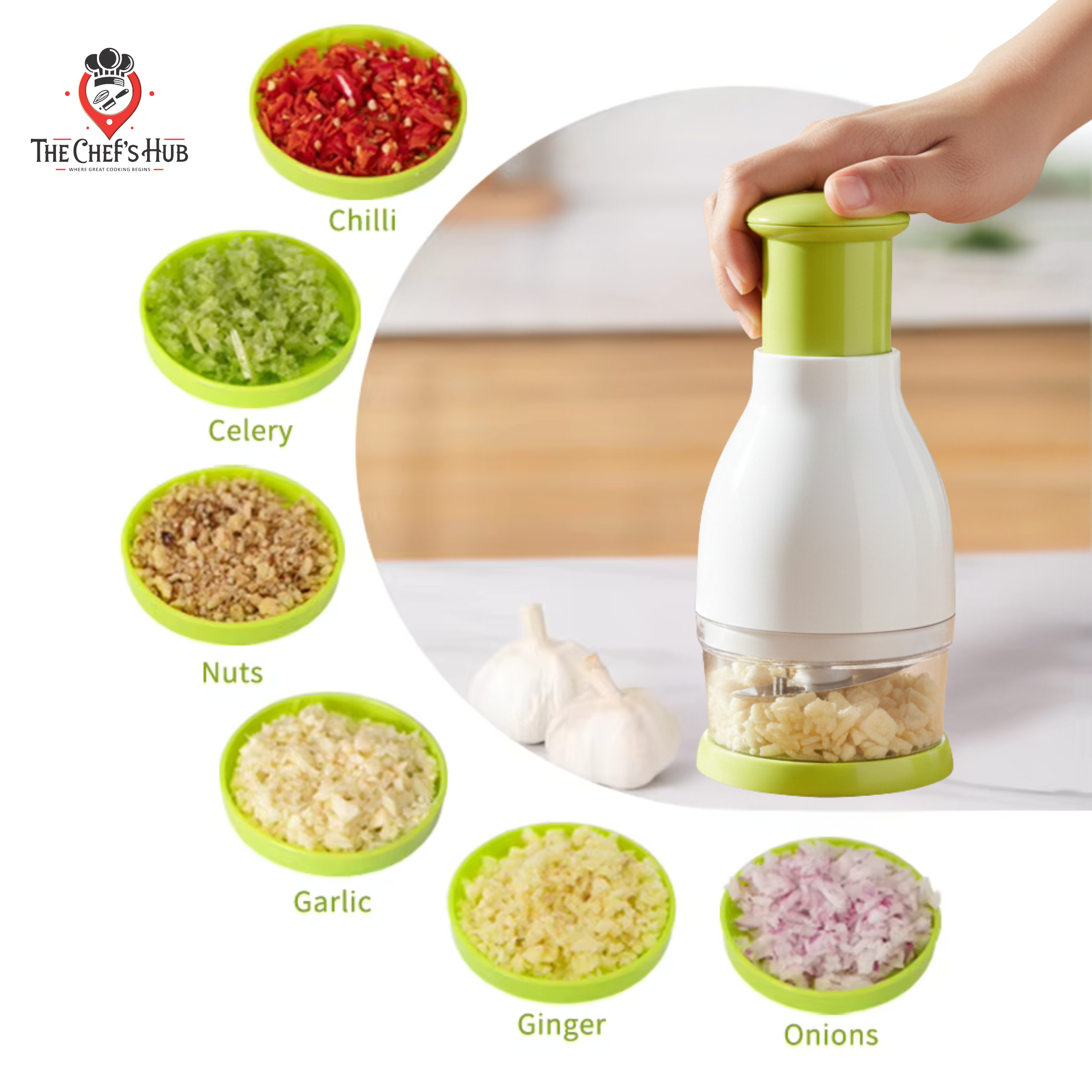 3 in 1 Super Kitchen Deal – Oil Spray Bottle, Garlic Chopper & Gold Serving Tongs