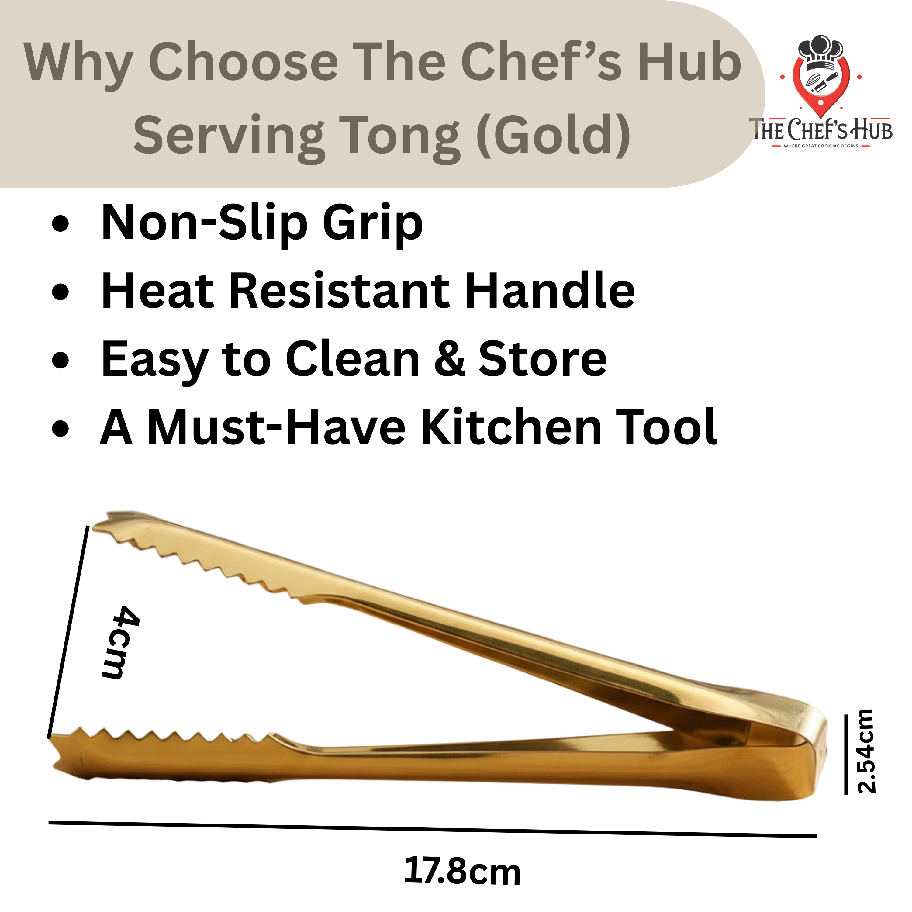The Chef’s Hub Gold Serving Tongs – 7 Inch Stainless Steel for BBQ & Snacks